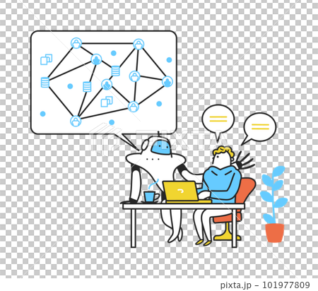 ネットワークデータを駆使して若い男性と会話するAIロボット　イラスト素材 101977809