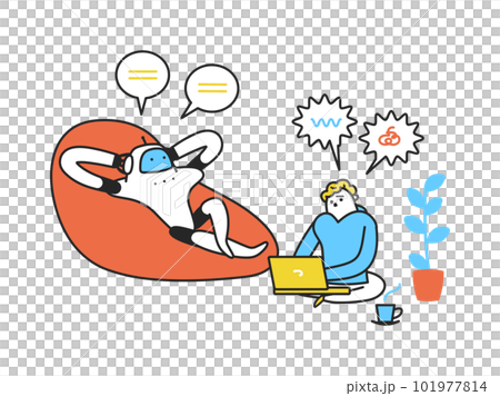 Humanoid robot relaxing on the sofa with a man in trouble while operating a laptop Illustration material Humanoid robot relaxing on the sofa with a man in trouble while operating a laptop Illustration material 101977814