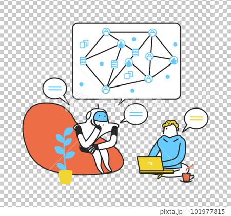 A woman accessing AI on her smartphone or being monitored by an AI robot Illustration material A woman accessing AI on her smartphone or being monitored by an AI robot Illustration material 101977815