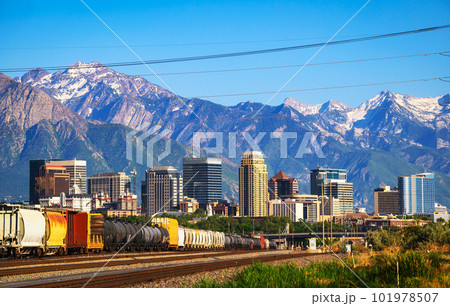 Skyline of Salt Lake City downtown in Utah with Wasatch Range Mountains Skyline of Salt Lake City downtown in Utah with Wasatch Range Mountains 101978507