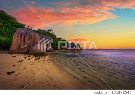 Colorful sunset over Anse Source D'argent beach at La Digue Island, Seychelles Colorful sunset over Anse Source D'argent beach at La Digue Island, Seychelles 101978540