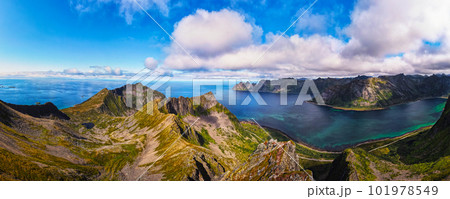 Aerial panorama of the Husfjellet Mountain on Senja Island in northern Norway 101978549