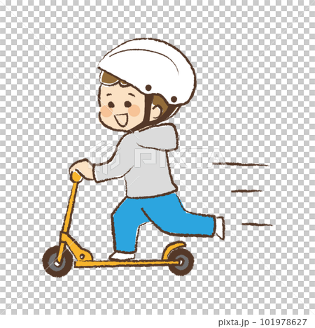 A boy wearing a helmet and riding a kickboard A boy wearing a helmet and riding a kickboard 101978627