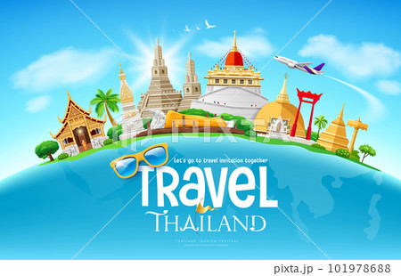 Thailand places architecture tourism festival design on world map, airplane, cloud and sky on blue background 101978688