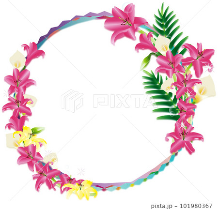 ゆりとカラーの花のリース風横長背景フレーム素材 101980367