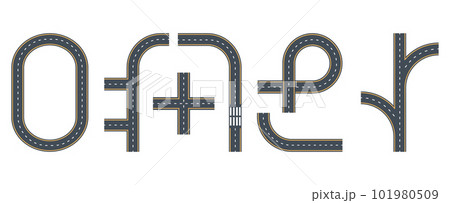 Asphalt roads markings. City roads and crossroads, twists and traffic circles, highway city map flat vector illustration set 101980509