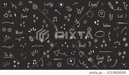 Doodle cute glitter pen line elements chalkboard. Doodle heart, arrow, star, sparkle decoration symbol set icon. Simple sketch line style emphasis, attention, pattern elements. Vector 101980698