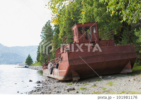 Abandoned rusy barge lays on the coast of Teletskoye lake Abandoned rusy barge lays on the coast of Teletskoye lake 101981176