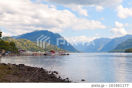 Teletskoye lake, coastal landscape photo taken on a sunny day Teletskoye lake, coastal landscape photo taken on a sunny day 101981177