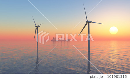 Offshore wind turbines and cargo ship at sunset 101981316