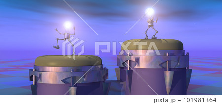 Light bulb figures dancing on a bongo drum at night Light bulb figures dancing on a bongo drum at night 101981364