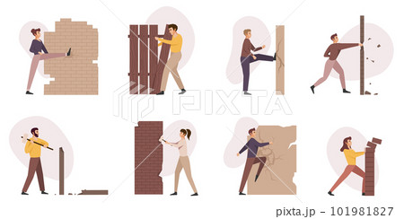Characters destroying walls,success achieving metaphor. Employees and businessmen overcome obstacles, persons break barriers, concrete and bricks. 101981827