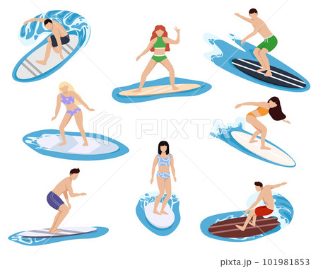 Surfers characters. People on boards dissect sea and ocean waves, beach sport, extreme athletes. Collection of cute funny people in swimwear surfing in sea or ocean. 101981853