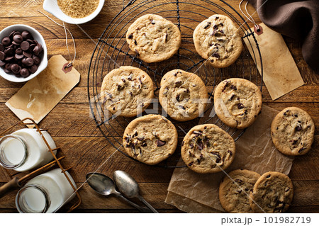 Homemade chocolate chip cookies with milk 101982719