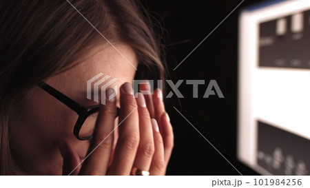 Stressed businesswoman working late at night in the office, she had too many cups of coffee and feels exhausted. 101984256