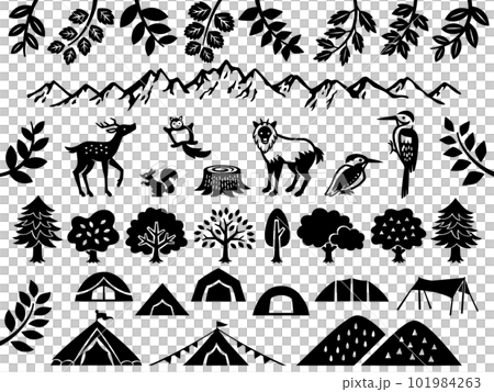キャンプと森の切り絵風シルエットイラストセット 101984263
