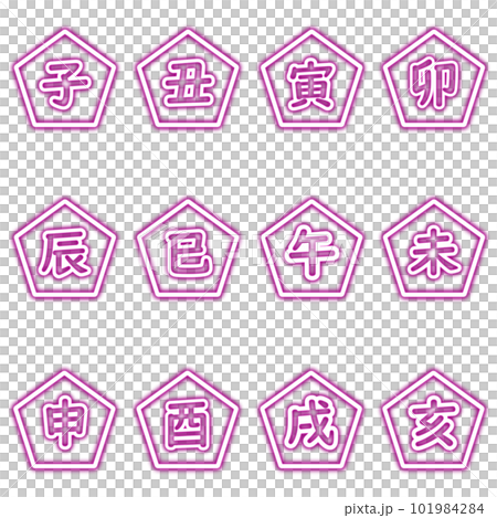 Purple pentagonal neon zodiac set - Stock Illustration
