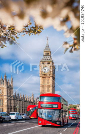 Famous Big Ben with red double decker bus on bridge over Thames river during springtime in London, England, UK Famous Big Ben with red double decker bus on bridge over Thames river during springtime in London, England, UK 101984740