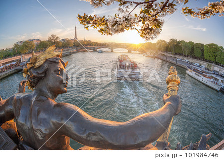 Alexandre III bridge in Paris against Eiffel Tower with boat on Seine, France 101984746