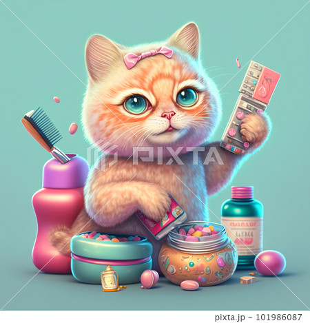 Cute fluffy kitten playing with the makeup. Colorful cosmetics and funny cat. Generated AI. Cute fluffy kitten playing with the makeup. Colorful cosmetics and funny cat. Generated AI. 101986087