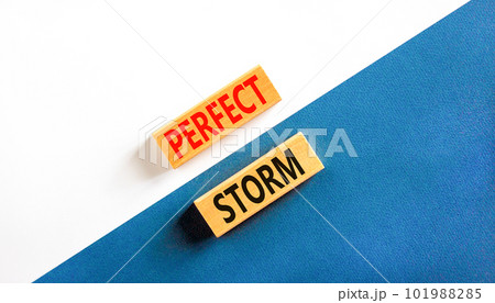 Perfect storm symbol. Concept words Perfect storm on beautiful wooden block. Beautiful white and blue background. Business and Perfect storm concept. Copy space. 101988285