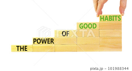 The power of good habits symbol. Concept words The power of good habits on wooden block. Beautiful white table white background. Businessman hand. Business the power of good habits concept. Copy space The power of good habits symbol. Concept words The power of good habits on wooden block. Beautiful white table white background. Businessman hand. Business the power of good habits concept. Copy space 101988344