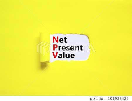 NPV net present value symbol. Concept words NPV net present value on white paper on a beautiful yellow background. Business and NPV net present value concept. Copy space. NPV net present value symbol. Concept words NPV net present value on white paper on a beautiful yellow background. Business and NPV net present value concept. Copy space. 101988425