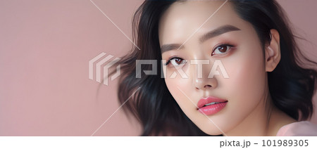 Asian woman with a beautiful face against light pink background - portrait shot - made with 101989305