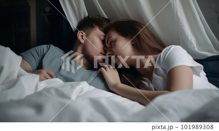 Couple in love lying together in bed - made with generative AI tools 101989308