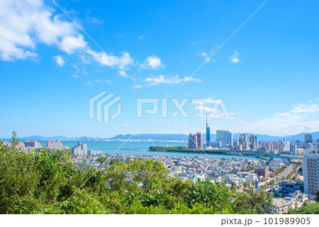 福岡タワーと百道周辺博多湾の風景、愛宕山から見る景色 福岡市秋空 福岡タワーと百道周辺博多湾の風景、愛宕山から見る景色 福岡市秋空 101989905