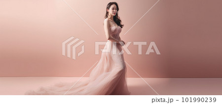 Asian woman with a beautiful face against light pink background - full body studio shot - made with Asian woman with a beautiful face against light pink background - full body studio shot - made with 101990239