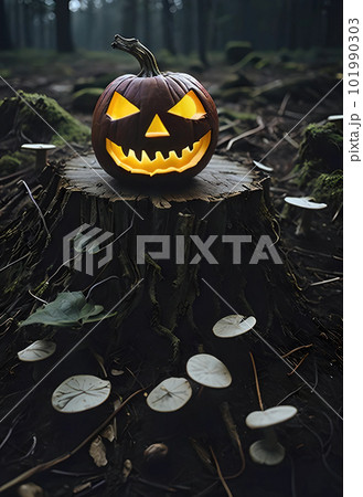 Jack O'lantern lit on a tree stump 101990303