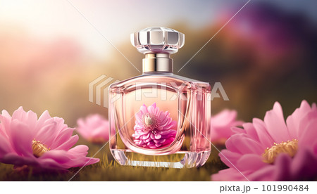 Luxury perfume with floral scent for women, glass fragrance bottle in the flower garden among blooming flowers on a sunny day, generative AI 101990484