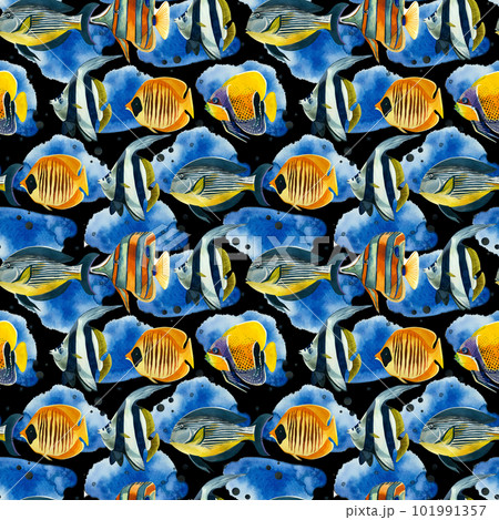 Seamless pattern. Tropical fish in bright colors and blue spots, hand-drawn in watercolor on a black background. Suitable for printing on fabric, paper, design and scrapbooking, for books creativity Seamless pattern. Tropical fish in bright colors and blue spots, hand-drawn in watercolor on a black background. Suitable for printing on fabric, paper, design and scrapbooking, for books creativity 101991357