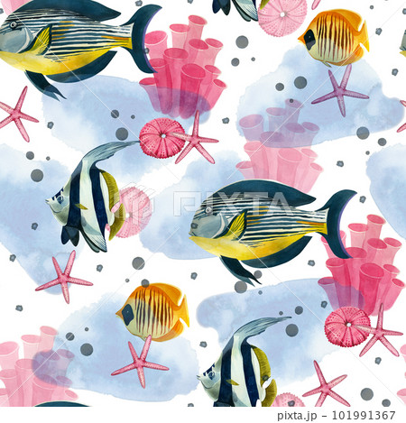 Seamless pattern. Tropical fishes of bright colors, pink stars, corals and blue spots, hand-drawn in watercolor on a white background. Suitable for printing on fabric, paper, design and scrapbooking Seamless pattern. Tropical fishes of bright colors, pink stars, corals and blue spots, hand-drawn in watercolor on a white background. Suitable for printing on fabric, paper, design and scrapbooking 101991367