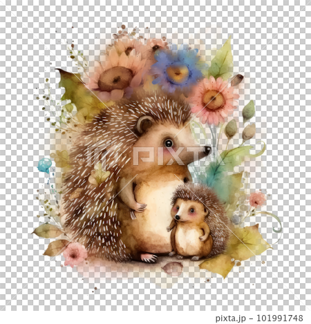 Cute little hedgehog with mom. Watercolor painting. Illustration AI Generative Cute little hedgehog with mom. Watercolor painting. Illustration AI Generative 101991748
