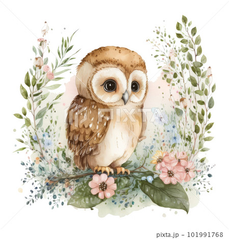 Cute watercolor baby owl. Illustration AI Generative 101991768