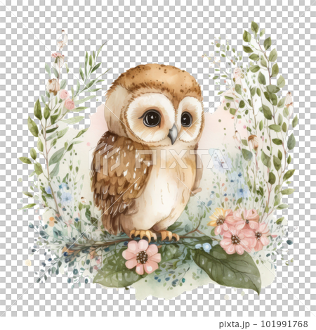 Cute watercolor baby owl. Illustration AI Generative 101991768