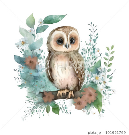 Cute watercolor baby owl. Illustration AI Generative 101991769