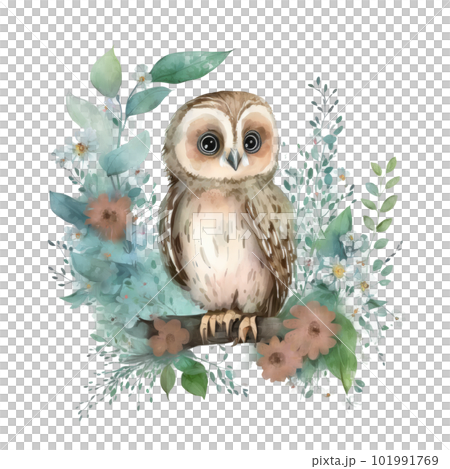 Cute watercolor baby owl. Illustration AI Generative 101991769