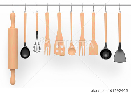 Set of kitchen utensil for preparation of dough hanging on shelf on white. Set of kitchen utensil for preparation of dough hanging on shelf on white. 101992406