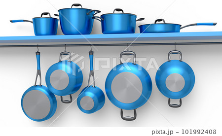 Set of stewpot, frying pan and chrome plated cookware hanging on shelf on white 101992408