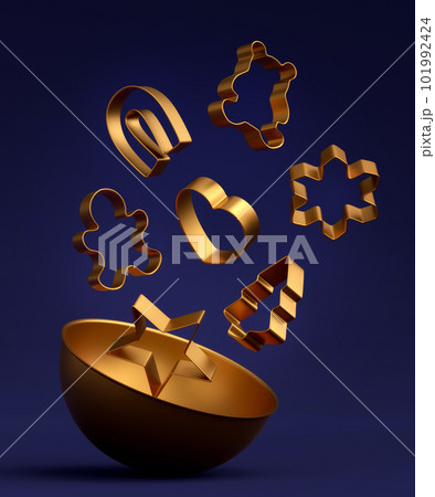Metal bowl and cookie cutters with kitchen utensil on blue background 101992424