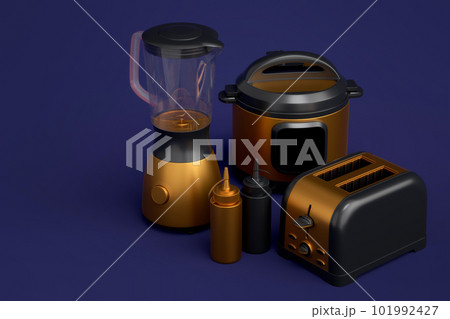 Toaster, kettle with kitchen utensil for preparation of breakfast on blue 101992427