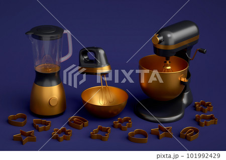 Mixer and hand mixer with kitchen utensil for preparation of dough on blue Mixer and hand mixer with kitchen utensil for preparation of dough on blue 101992429