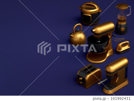 Electric kitchen appliances and utensils for making breakfast on blue background Electric kitchen appliances and utensils for making breakfast on blue background 101992431
