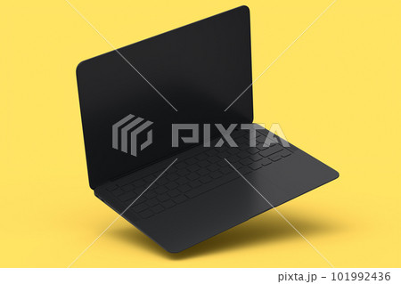 Aluminum laptop with empty screen isolated on yellow monochrome background. 101992436