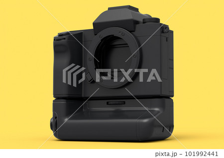 Concept of nonexistent gold DSLR camera isolated on yellow monochrome background Concept of nonexistent gold DSLR camera isolated on yellow monochrome background 101992441