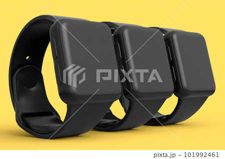 Set of monochrome smart watches or fitness tracker isolated on yellow background 101992461