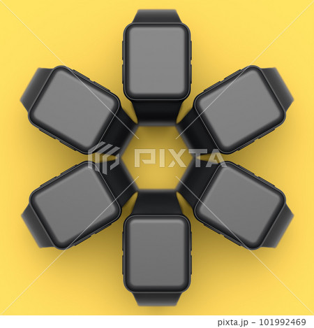 Set of smart watches or fitness tracker like flower pattern on yellow background Set of smart watches or fitness tracker like flower pattern on yellow background 101992469